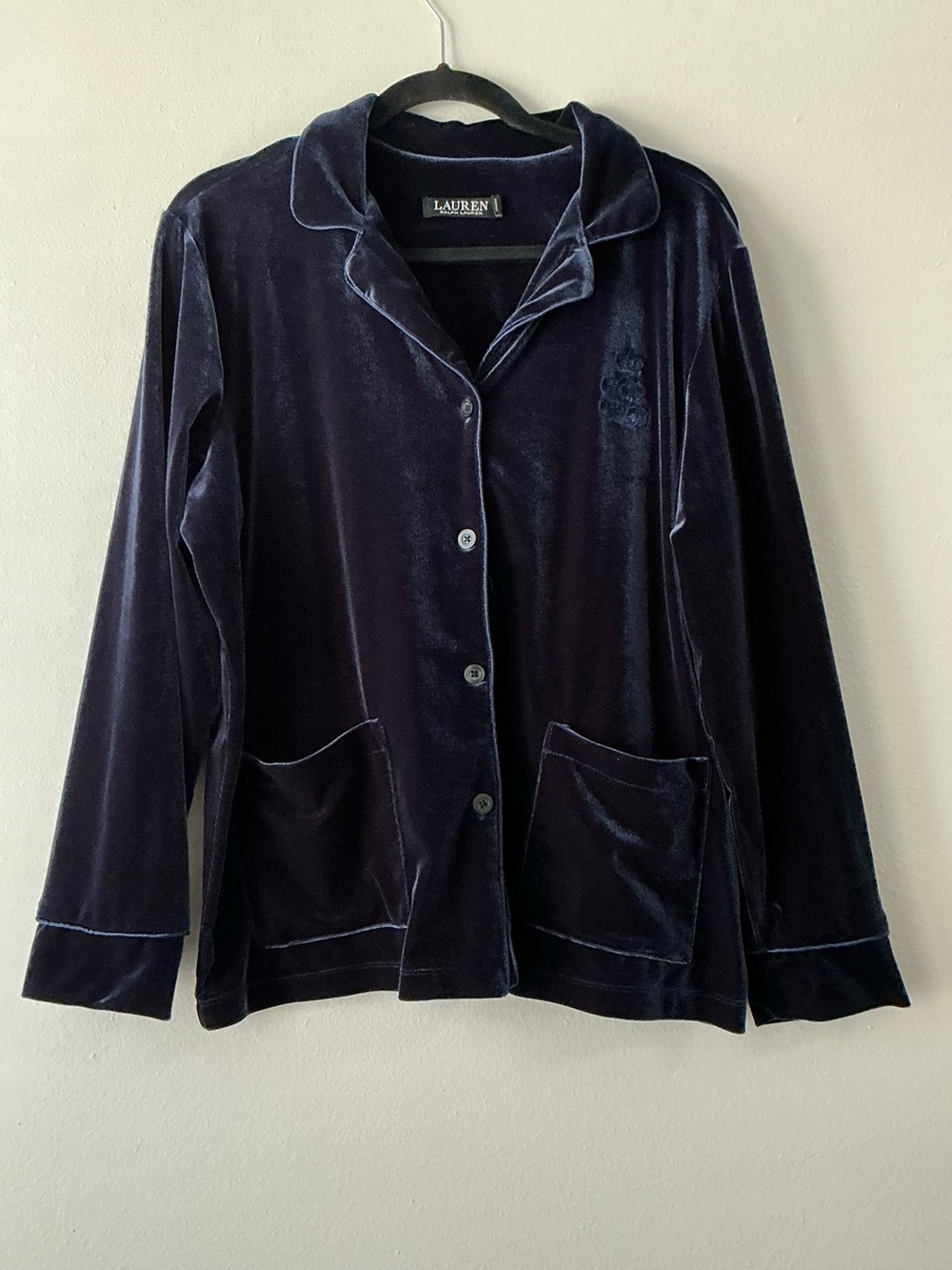 Lauren Ralph Lauren Navy Blue Velvet Pajama Top Notch Collar Shirt L